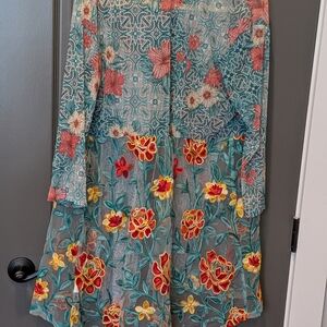 Ruby Rd. Floral Sheer Swim Coverup - Teal and Red